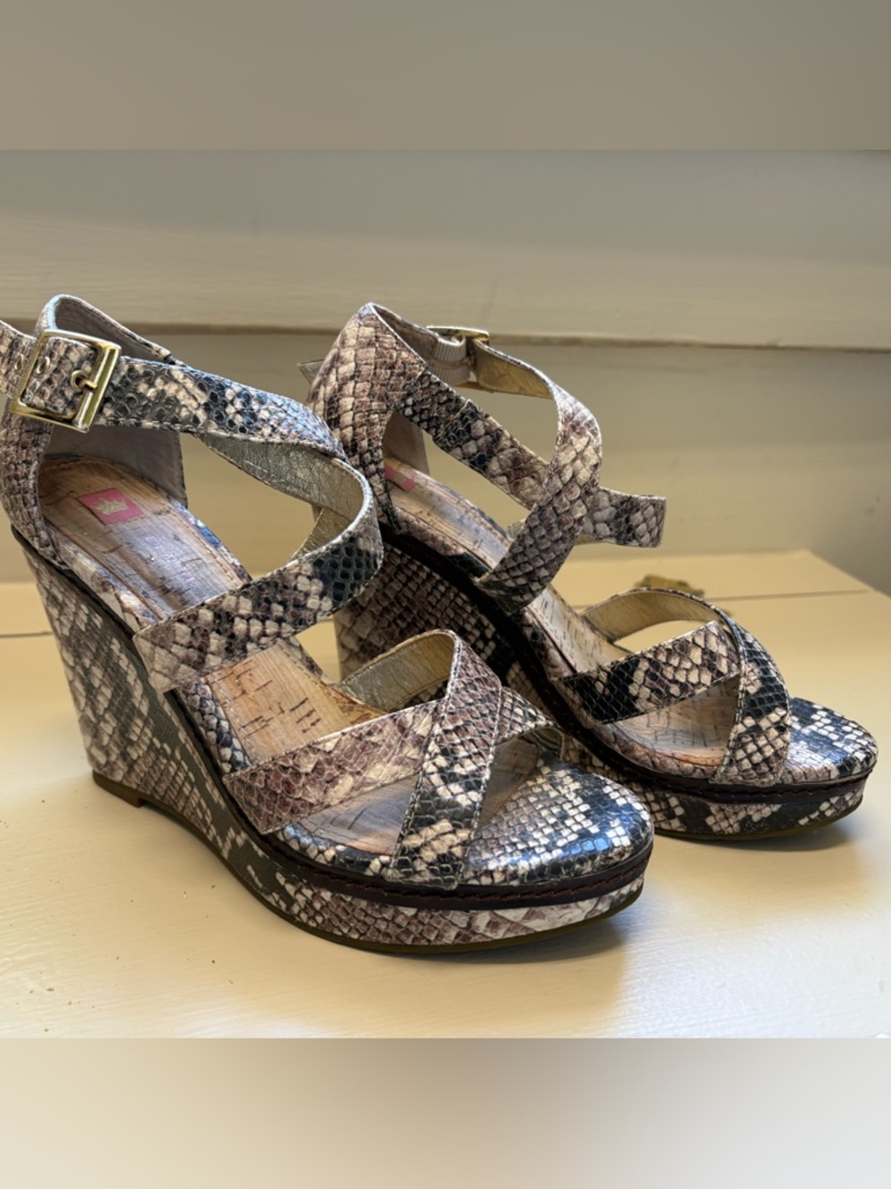 Elaine Turner Snake-Print Wedge Sandals in Neutral Tones